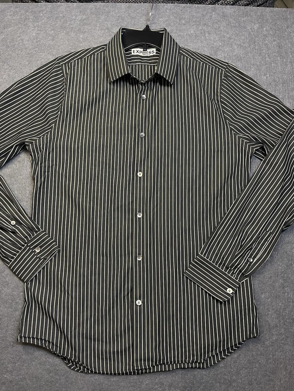 Express Slim Fit Gray Black Striped Dress Shirt M 34/35 Long Sleeve